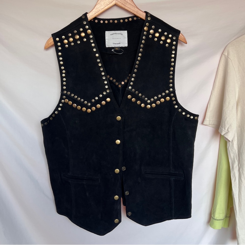 Understated Leather black suede vest with brass details